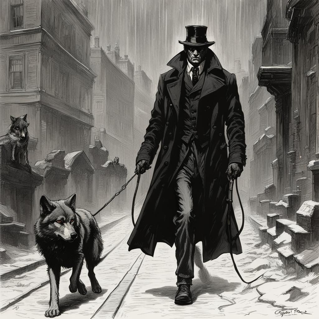 Noir Man with Wolf Leash, Horror Illustration