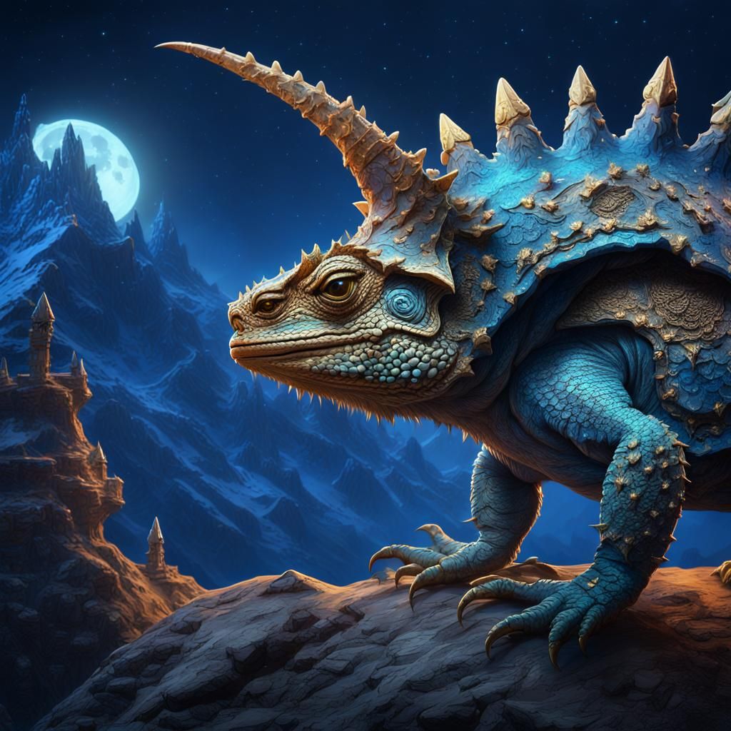 Horned Lizard Rides Unicorn in Moonlight: Fantasy Art