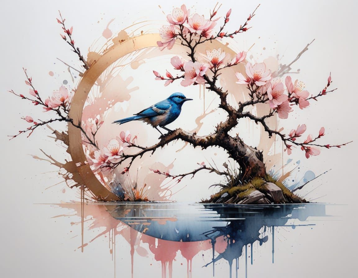 Minimalist Bonsai & Cherry Blossom Sunrise by Pond Window