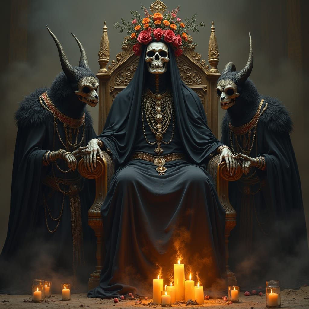 Mystical Goddess of Death Surrounded by Wolves in Gothic Thr...