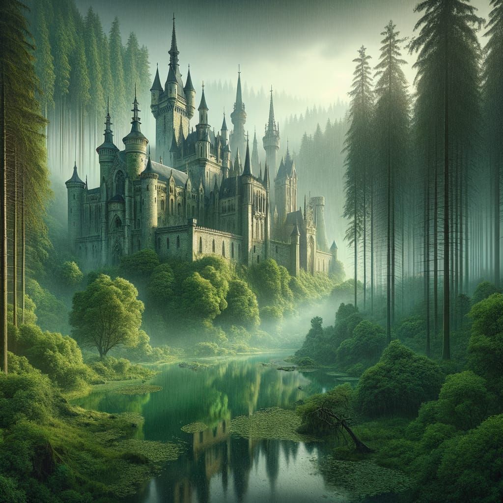 Gothic Castle in Misty Forest
