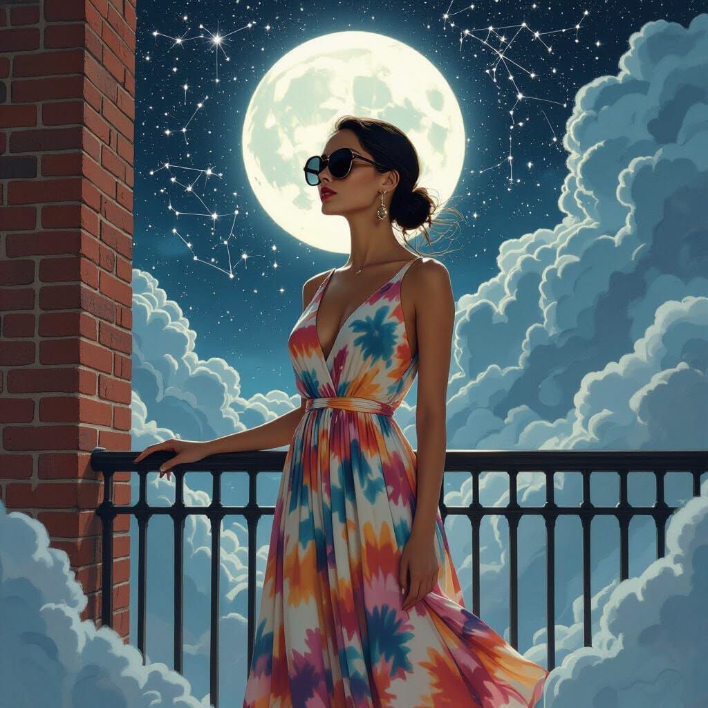 Serene Woman on Balcony in Surrealist Black and White