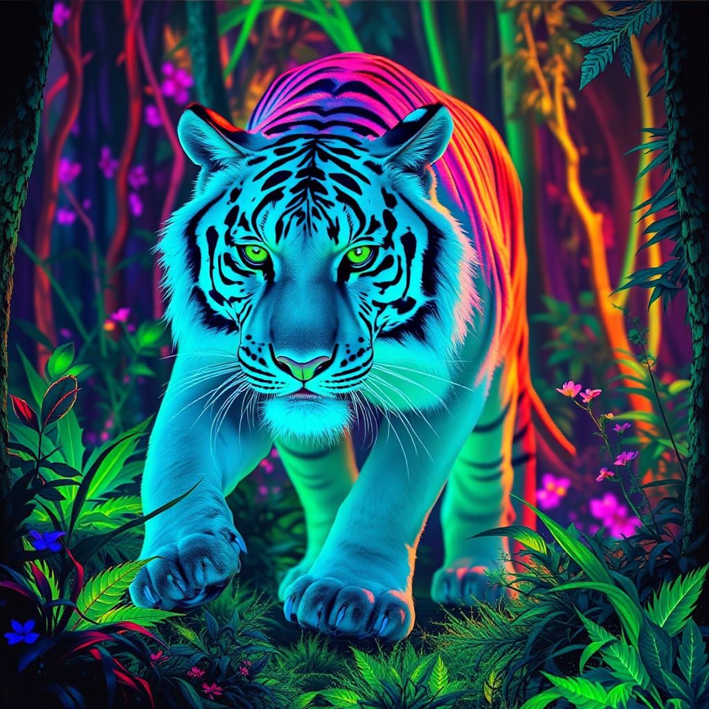 White Tiger in Fluorescent Forest, Concept Art Style