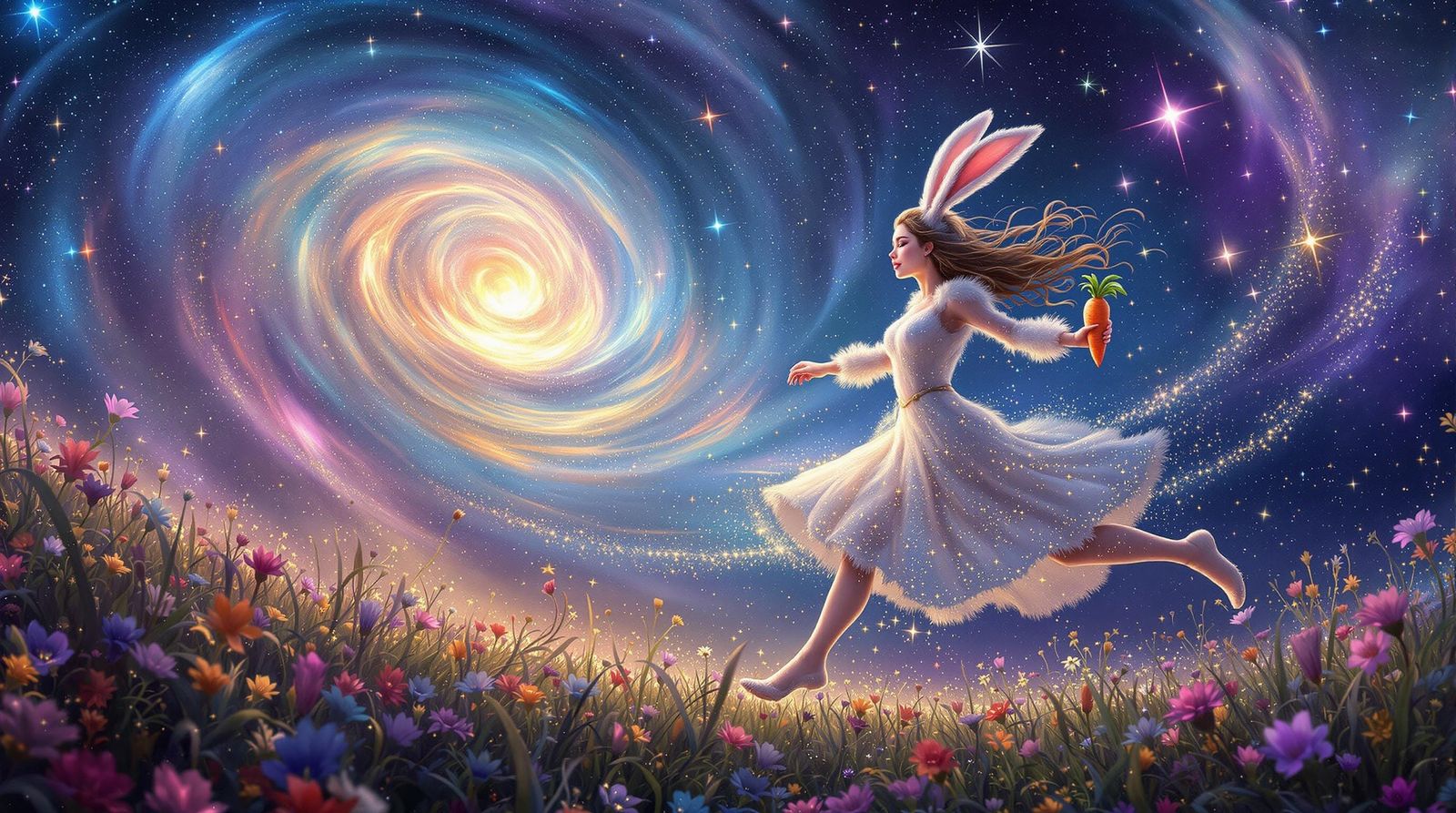 Celestial Woman with Rabbit Ears in Cosmic Meadow