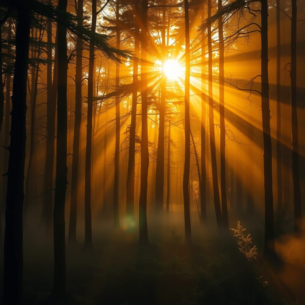Golden Hour Forest Fog in Hyperrealistic Photography