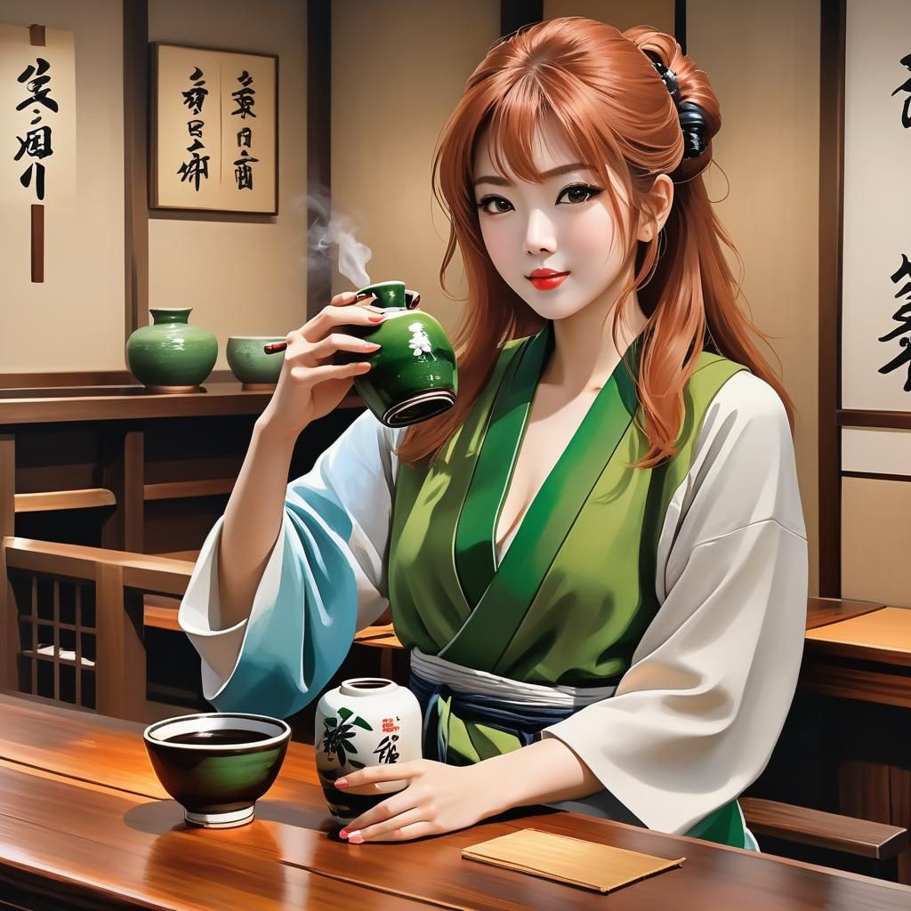 Sake in Japanese Restaurant: Anime Style Illustration