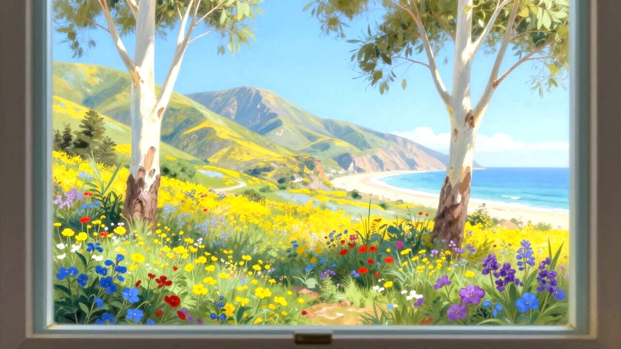 Serene Garden View with Mountains and Sea in Digital Paintin...