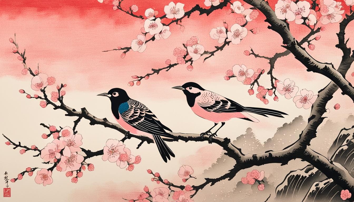 Pink Bird with Cherry Blossoms in Ukiyo-e Style
