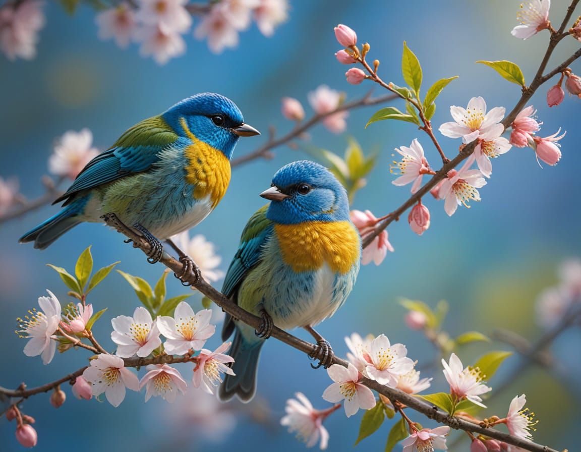 Impressionist Blue Birds on Cherry Blossoms