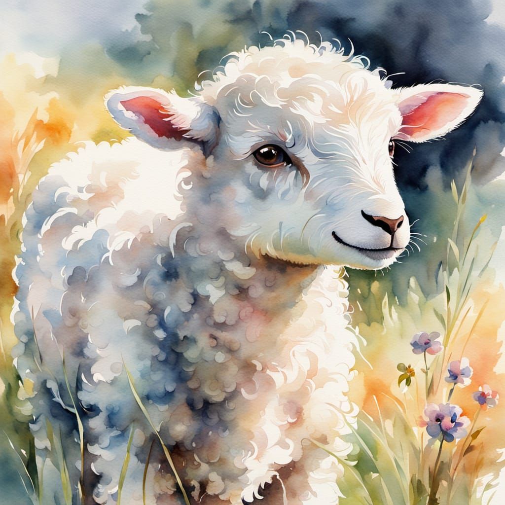 Shy Lamb Hiding: Watercolor Pastoral Scene