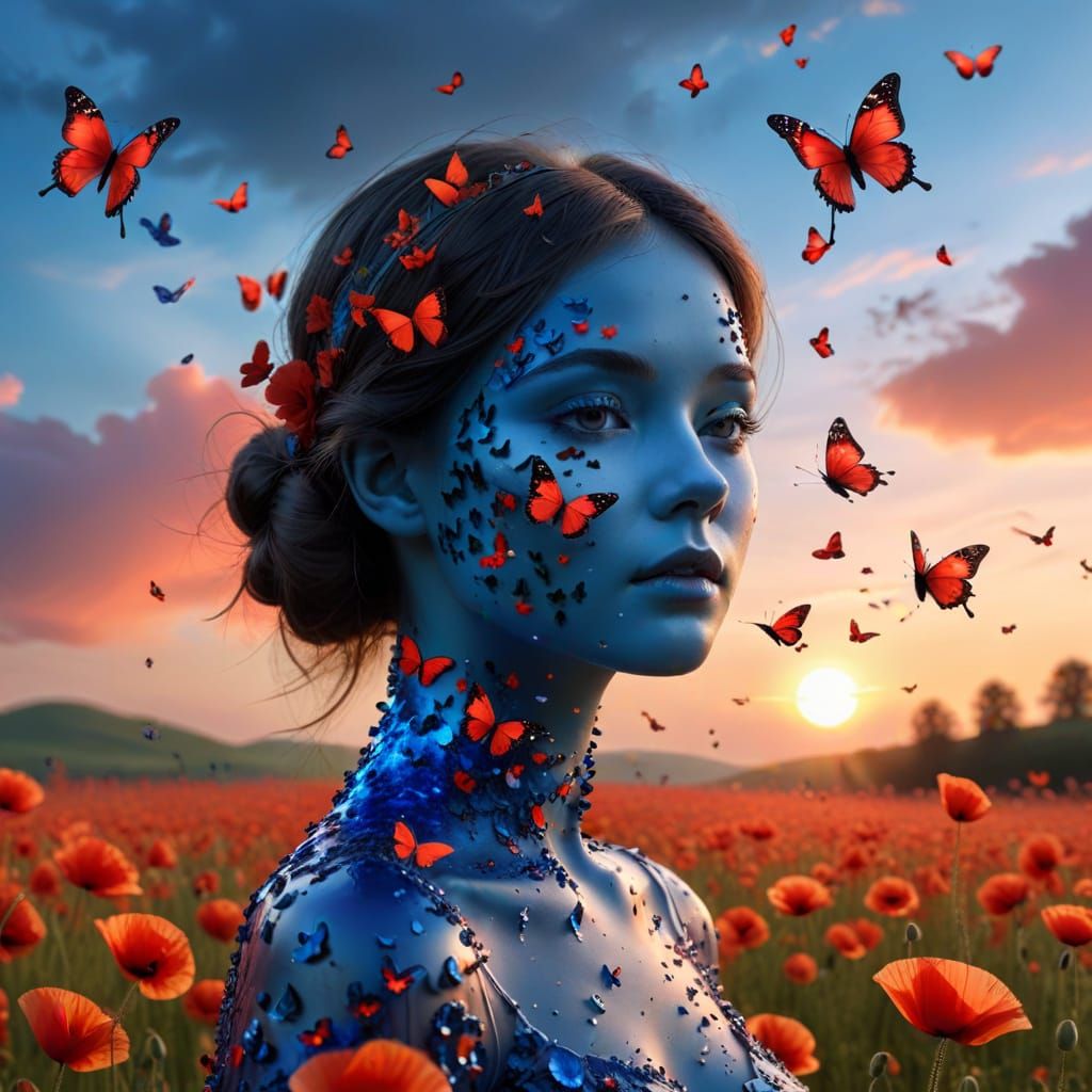 Blue Gel Face over Poppy Field at Sunset