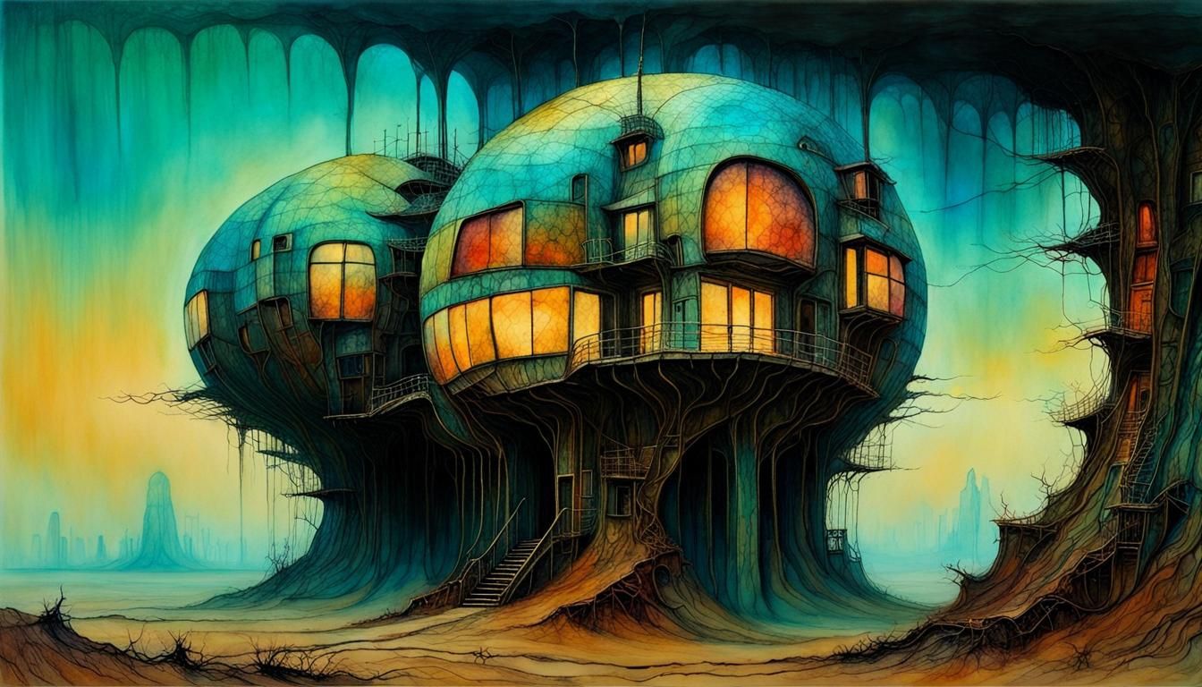 Surreal Futuristic House in Alcohol Ink Style