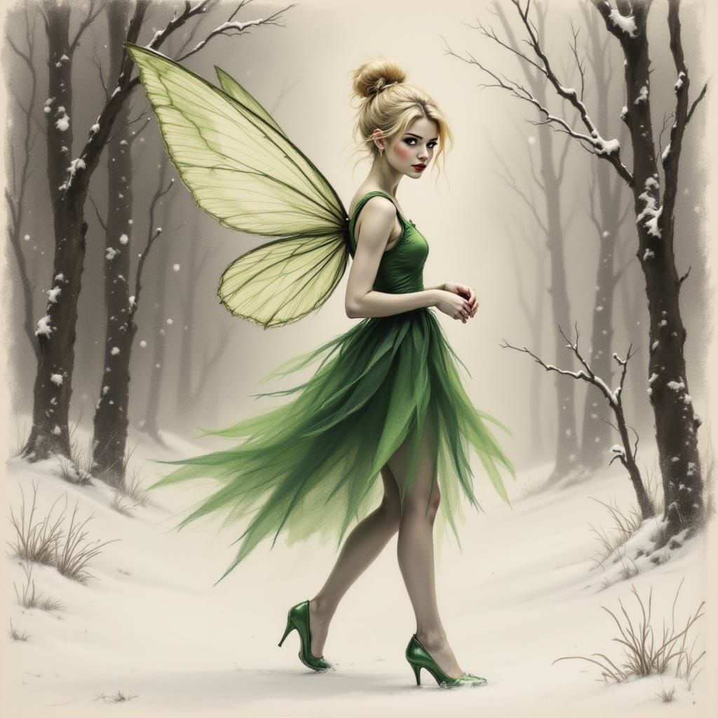 Enchanted Fairy Dances Through Winter Wonderland in Charcoal