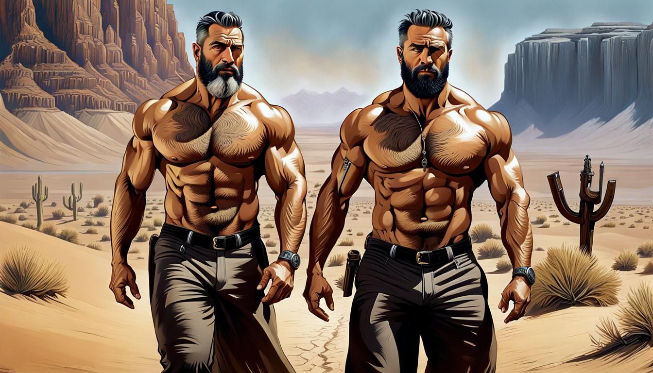 Muscular Men Emerge in Desolate Wasteland Painting