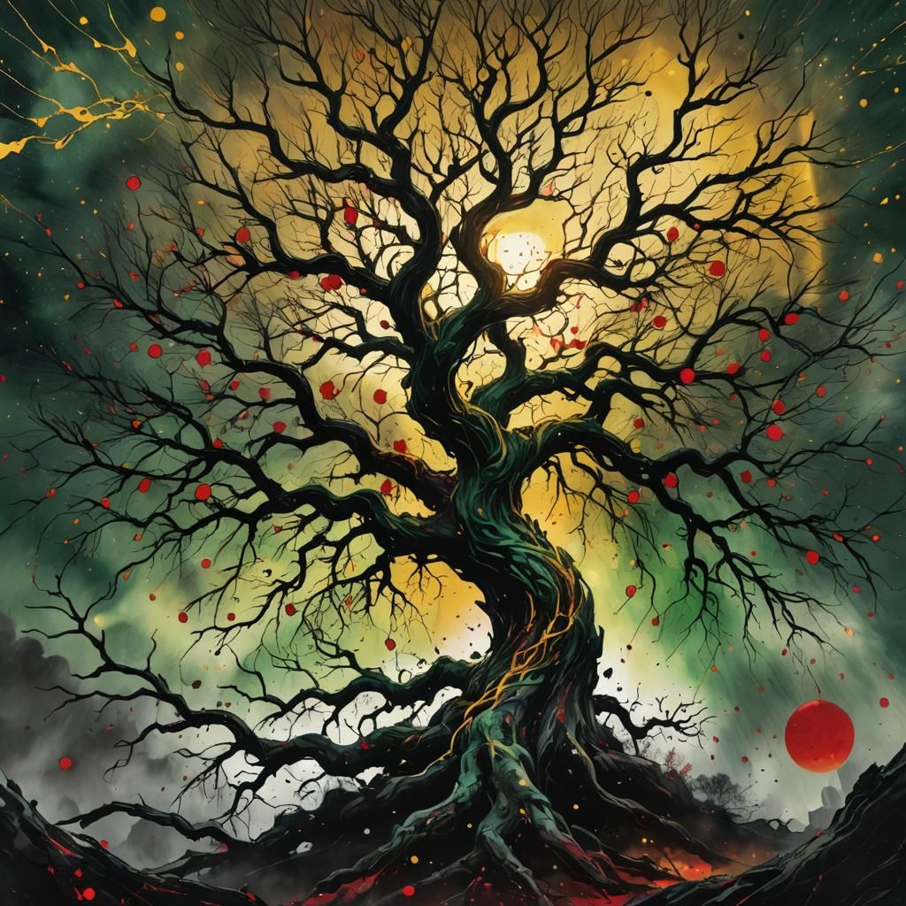 Tree Silhouette with Ink Splatters: Abstract Expressionism