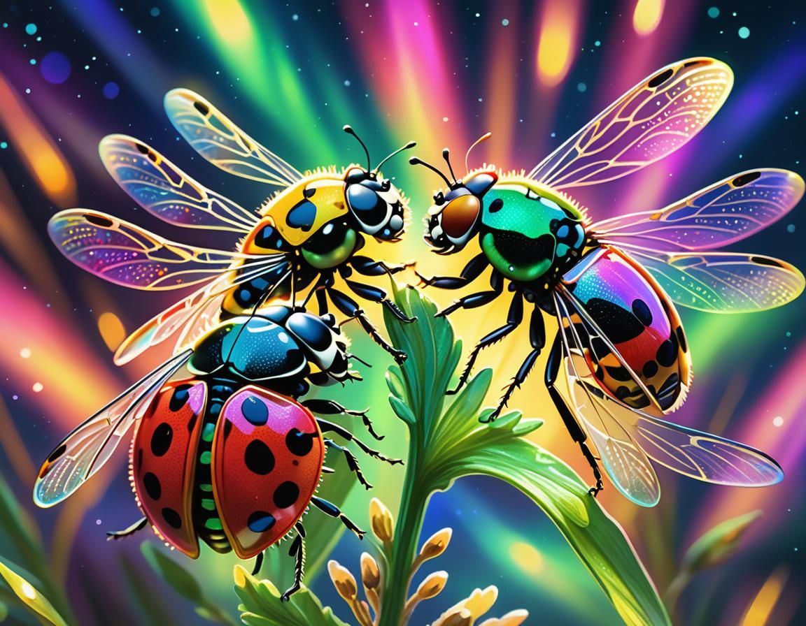 Ladybug and Dragonfly Fly in Northern Lights, Detailed Portr...