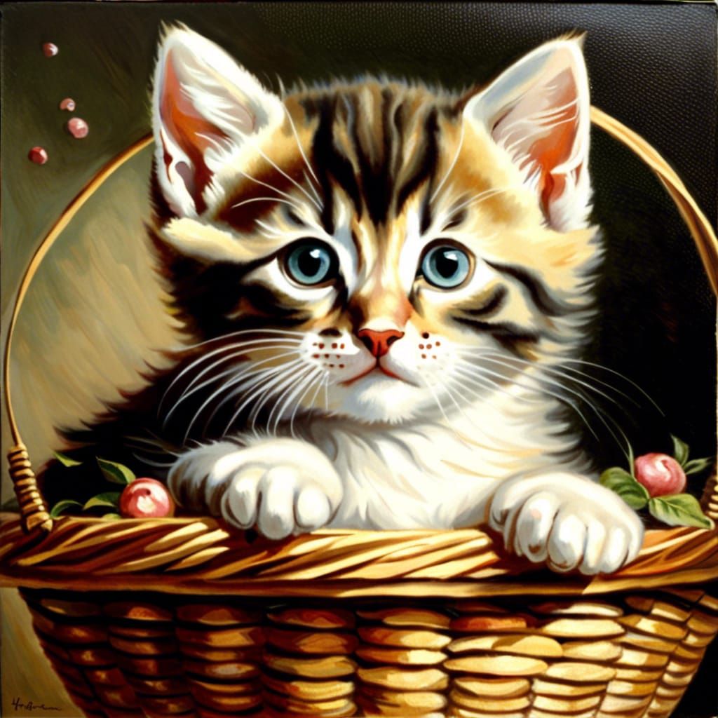 Cute Kitten in Basket, Oil Painting Style