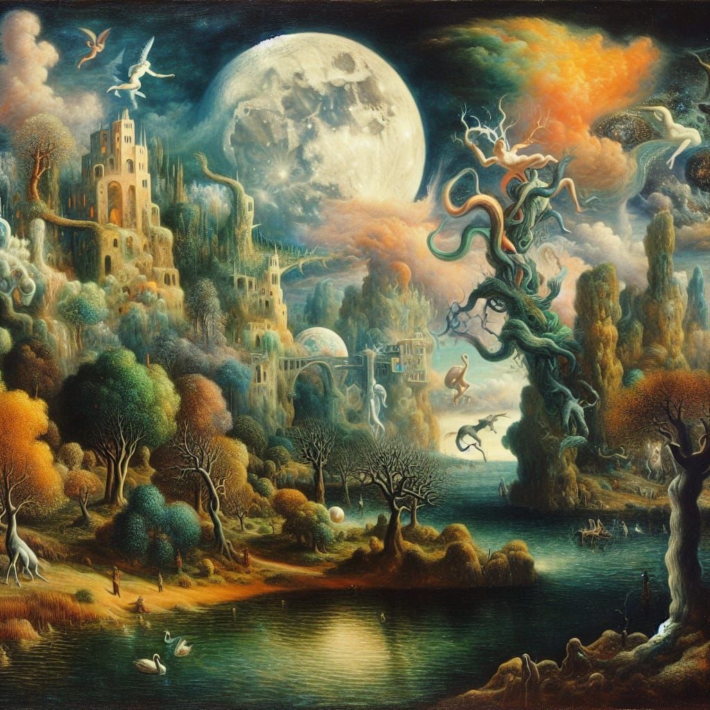 Surreal Moonlit Landscape with Dreamlike Distortions
