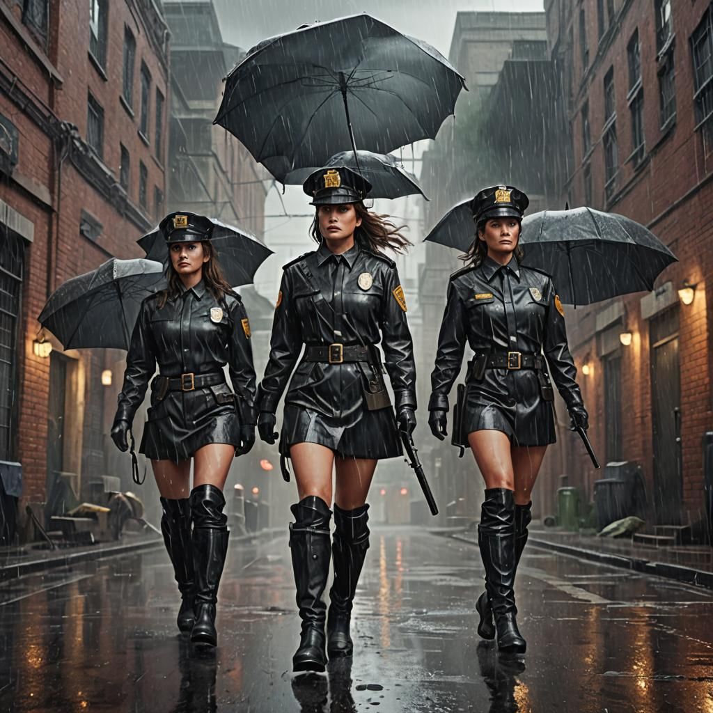 Female Prison Guards in Rain: Detailed Matte Painting