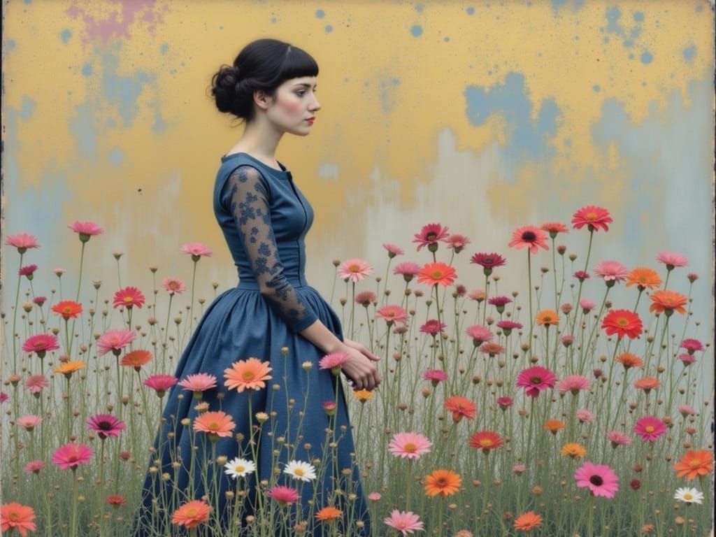 Woman with Floral Background in Klimt Style