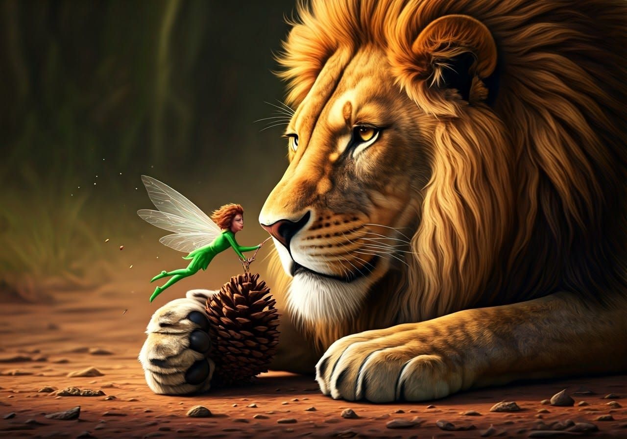 Fairy Removes Thorn From Lion's Paw: Digital Art