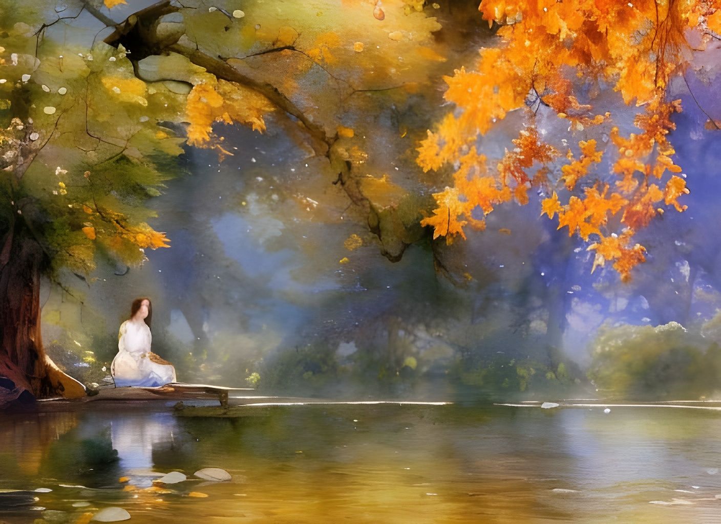 Cottagecore Woman Under Autumn Maple Tree: Watercolor