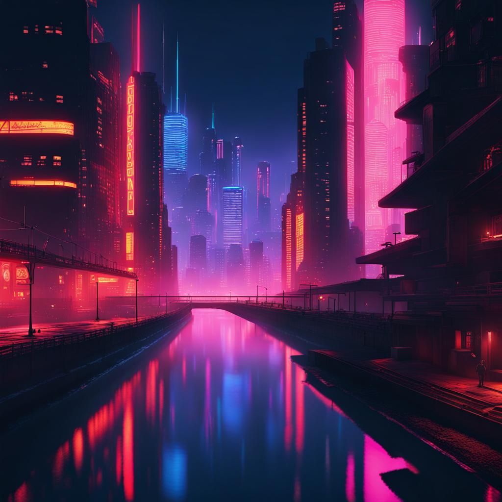 Cyberpunk Cityscape Reflection with Neon Lights