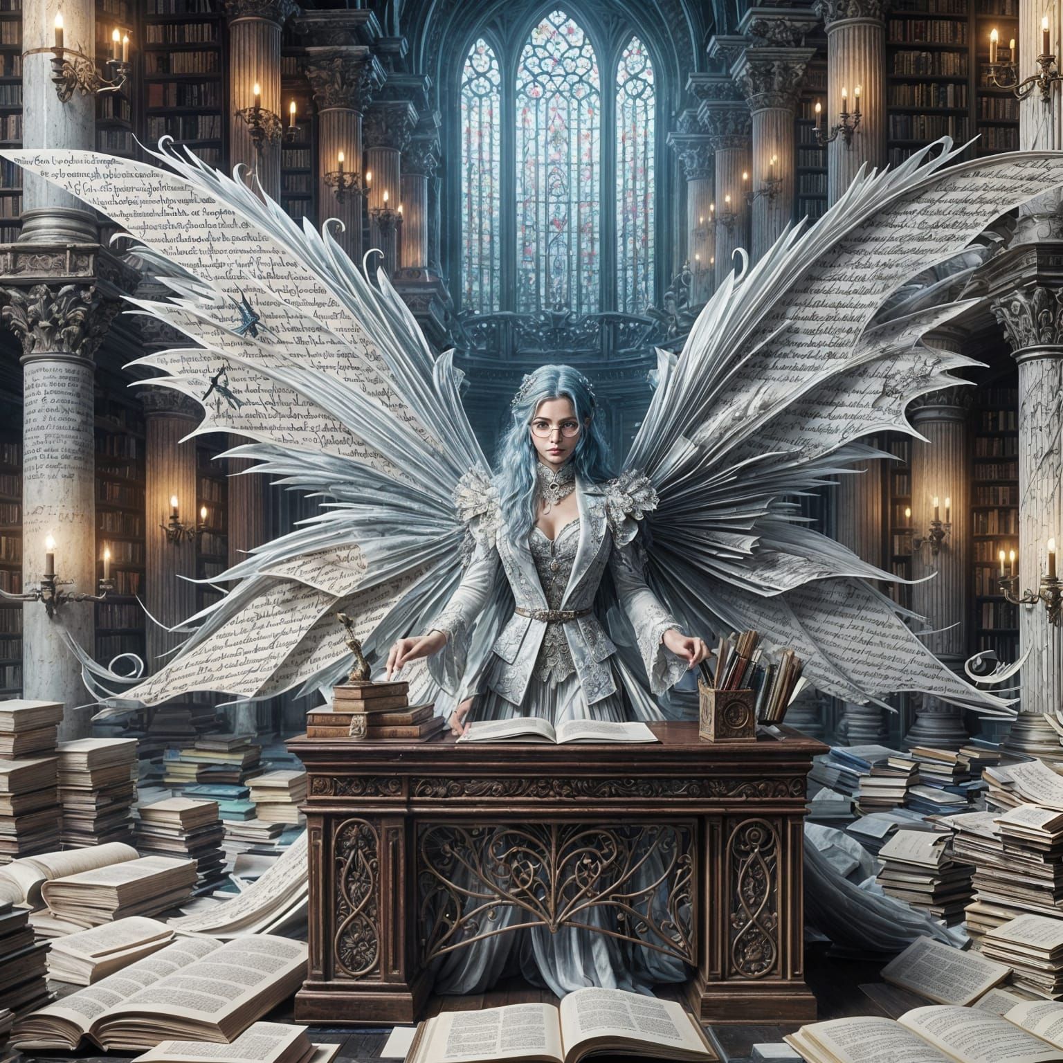 Fairy Librarian in Magnificent Library, Hyper-Detailed