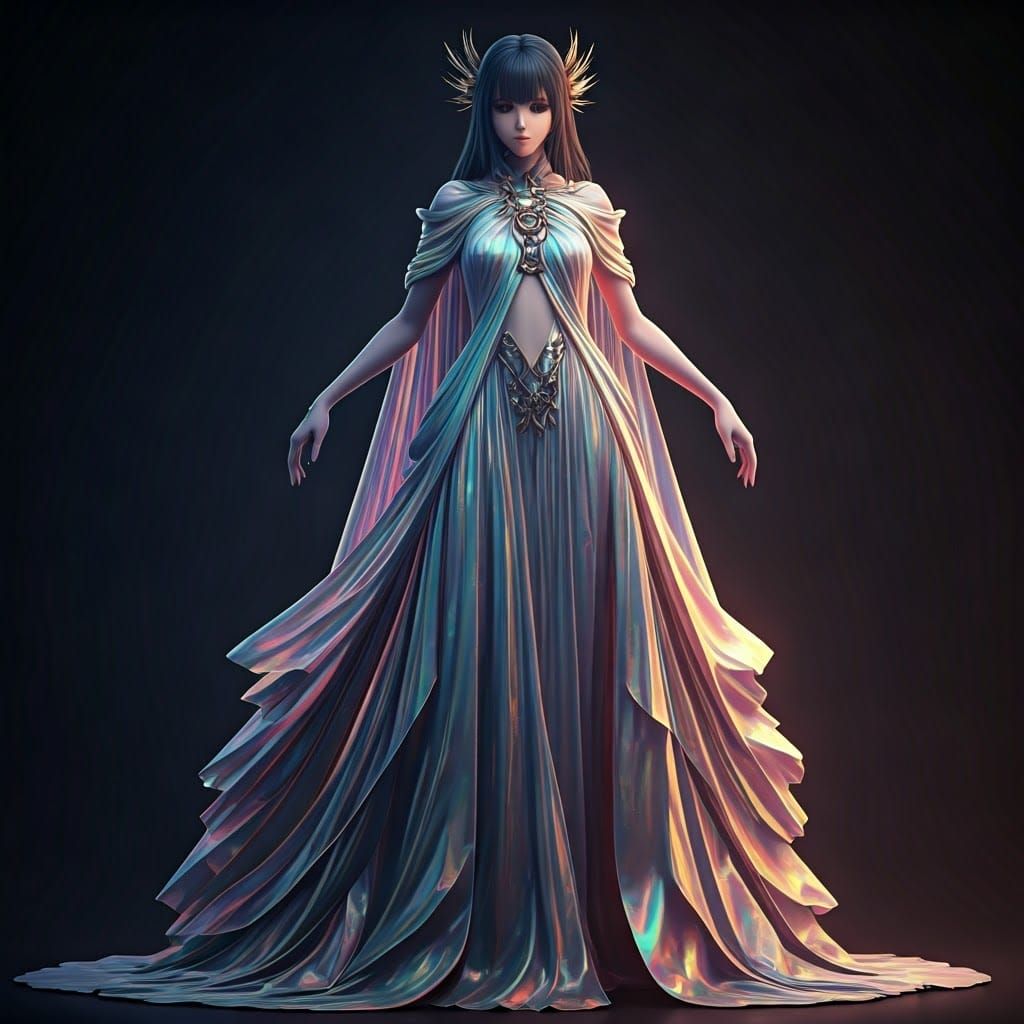 Majestic Goddess in Iridescent, Futuristic Gown