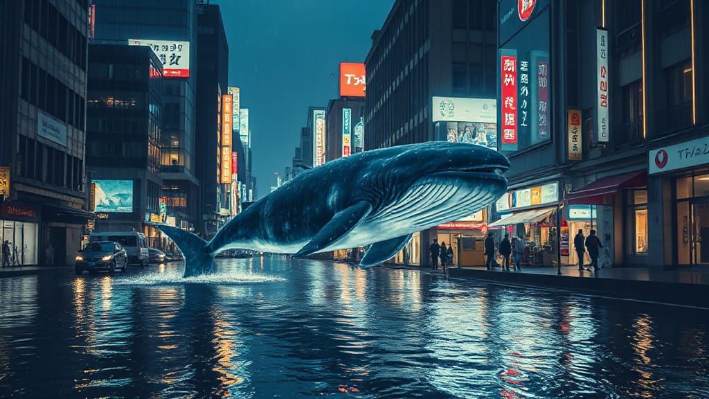 Bioluminescent Whale Glides Through Tokyo Street
