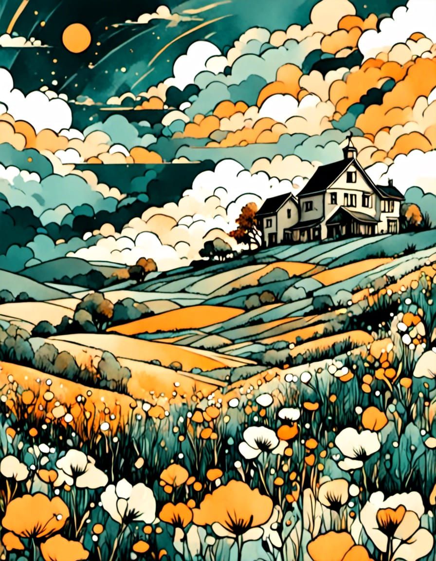 Farmhouse Under Dramatic Clouds in Liquid Ink Style