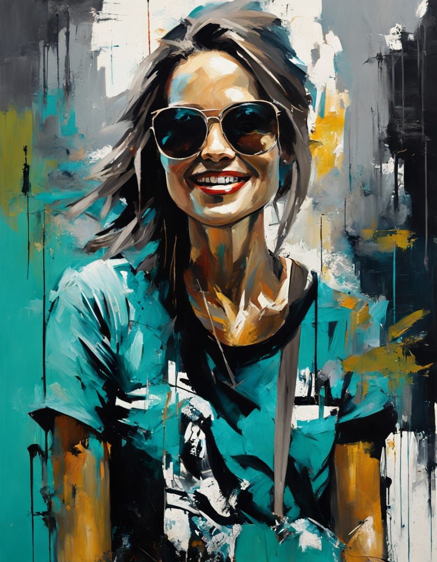 Vibrant Turquoise Oil Painting Portrait of Happy Lady Savori...