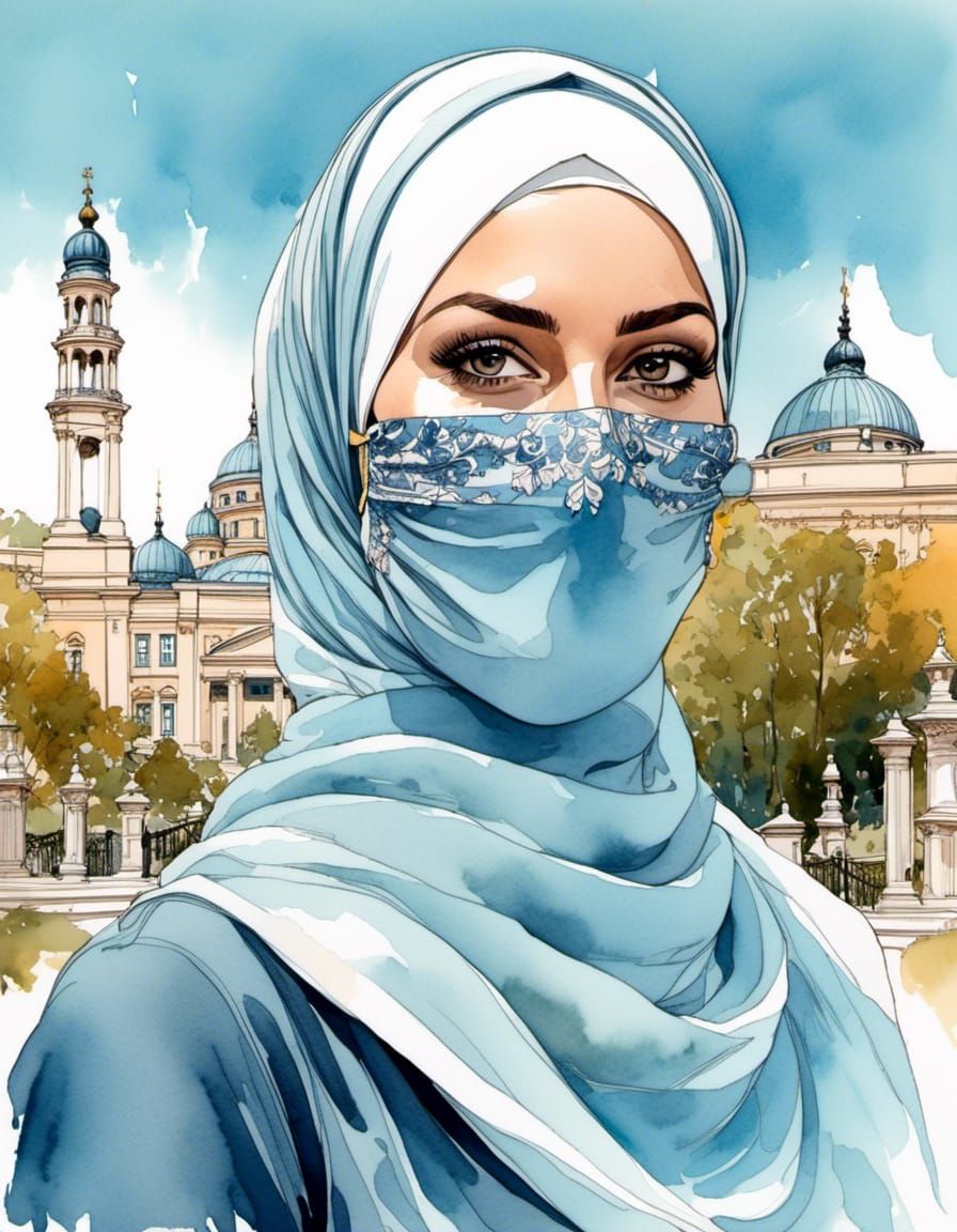 Watercolor Portrait of Woman in Hijab and Facemask