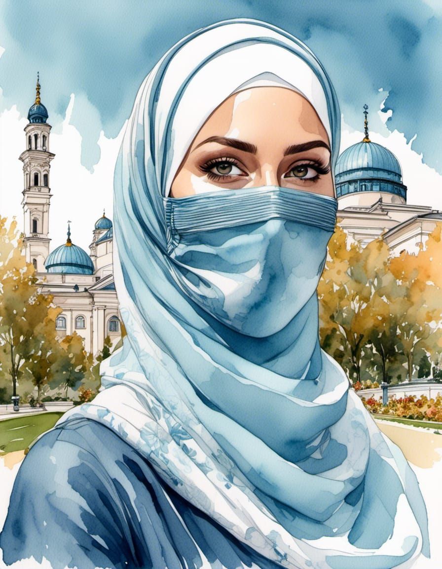 Watercolor Portrait of Woman in Hijab with Mask