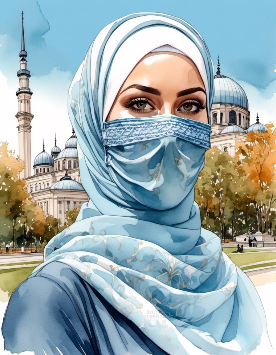 Watercolor Portrait of Woman in Hijab and Mask