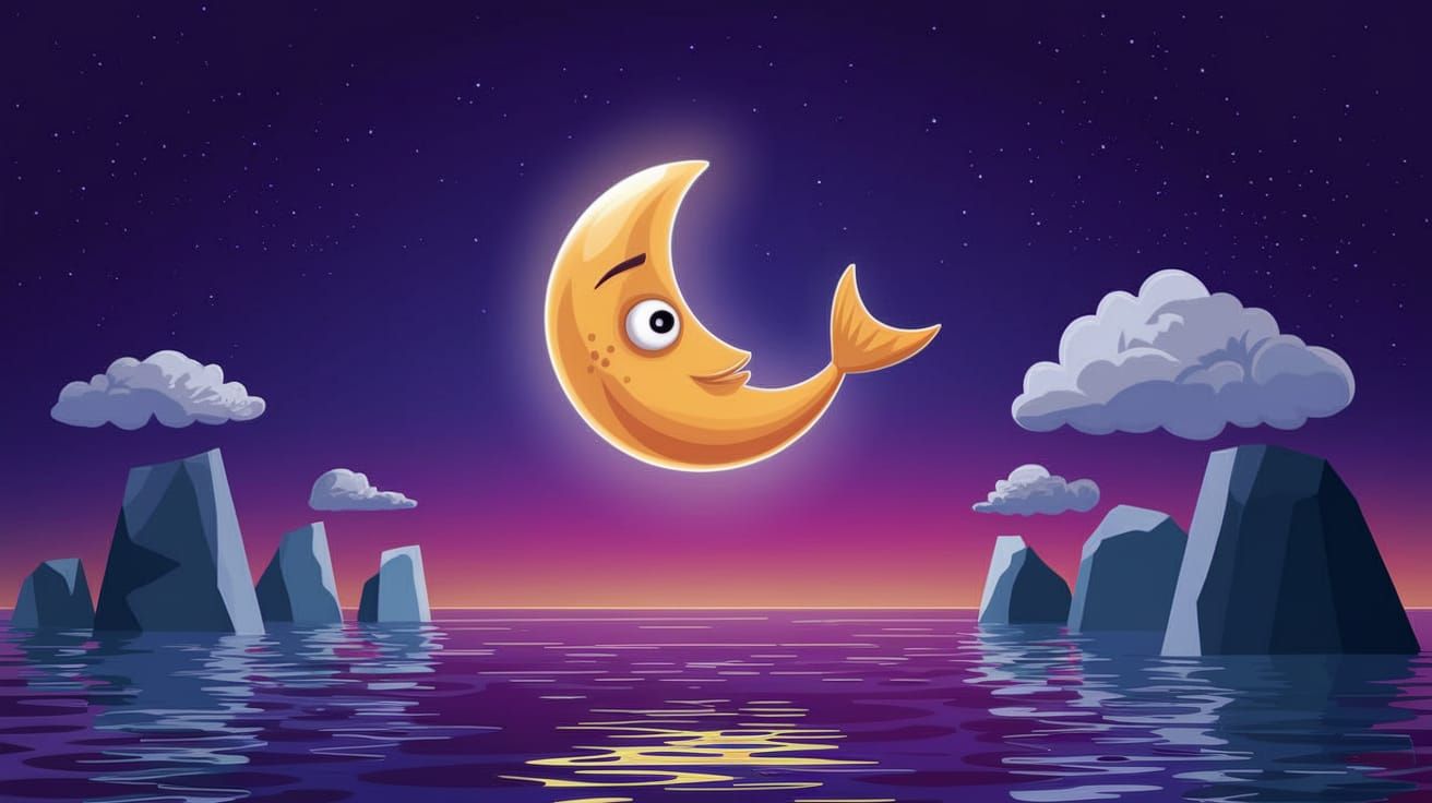 Cartoon Moon Fish Glowing in the Night Sky