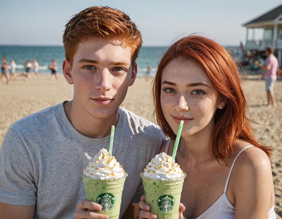 High School Couple Sharing Milkshake at Beach