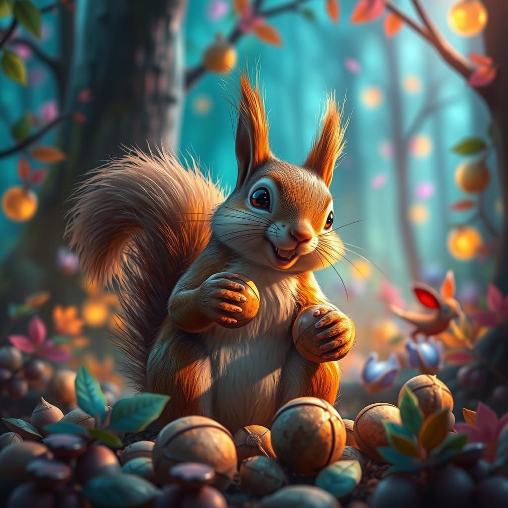 Squirrel Stealing Nuts in Hyperdetailed Forest
