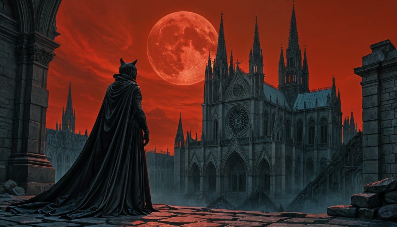 Feline Hybrid in Gothic Setting, Dark Fantasy Art