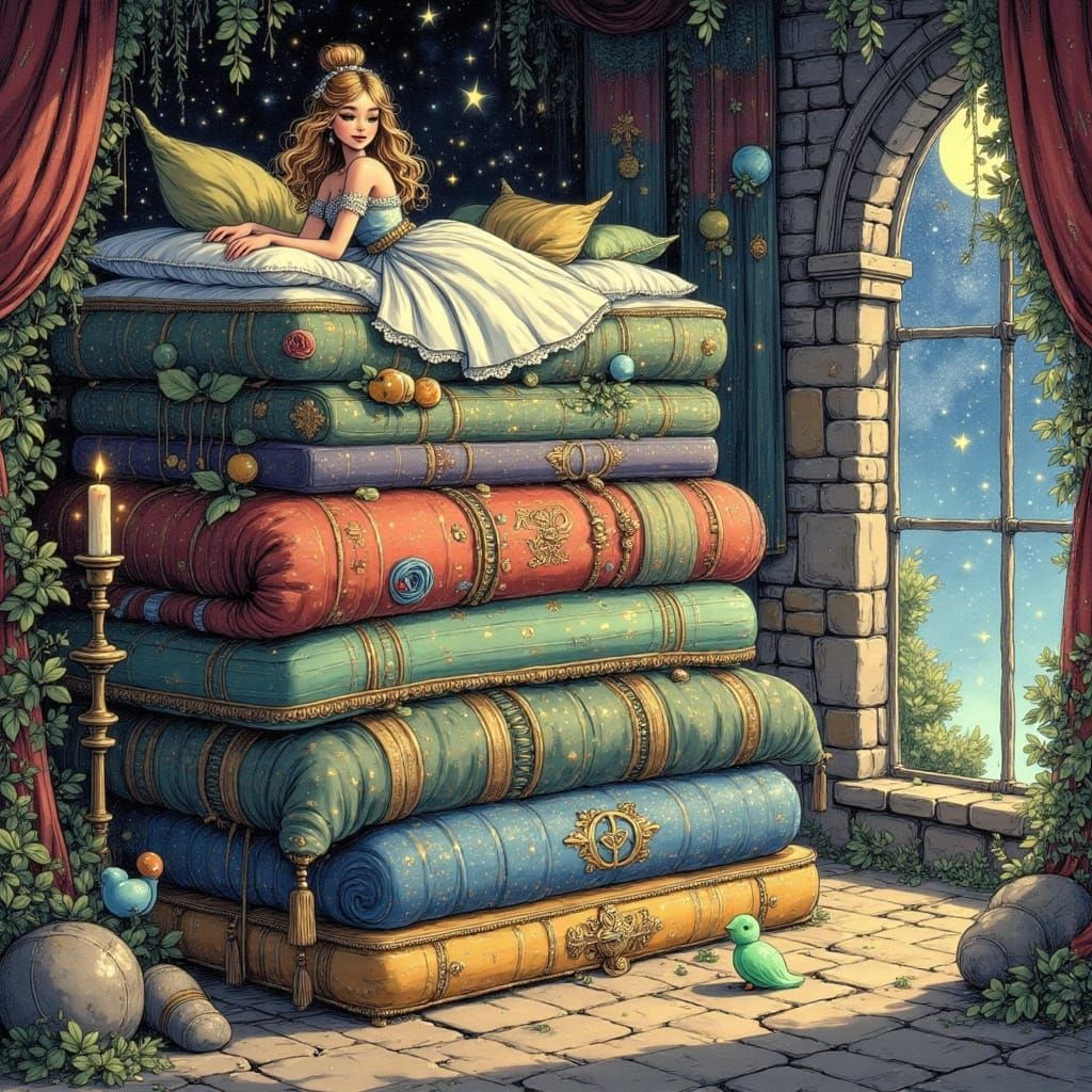 The Princess Slumbers atop a Whimsical Mattress Stack in a D...