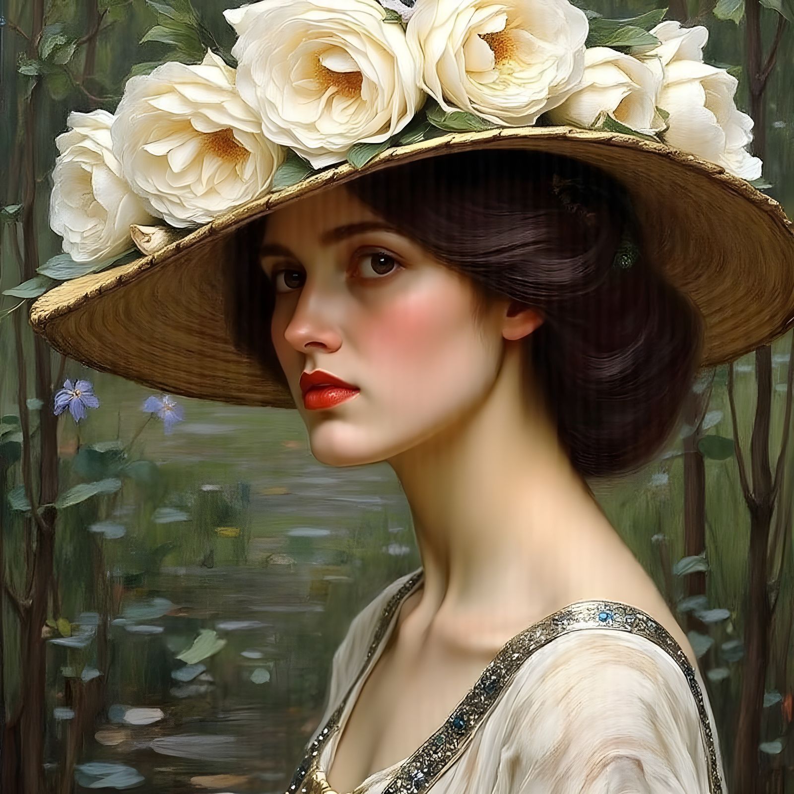 Gatsby Lady with Roses in Waterhouse Style