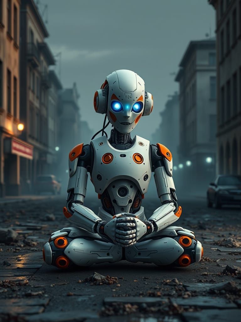 Cyberpunk Robot in Meditation, Düsterer Stadtteil