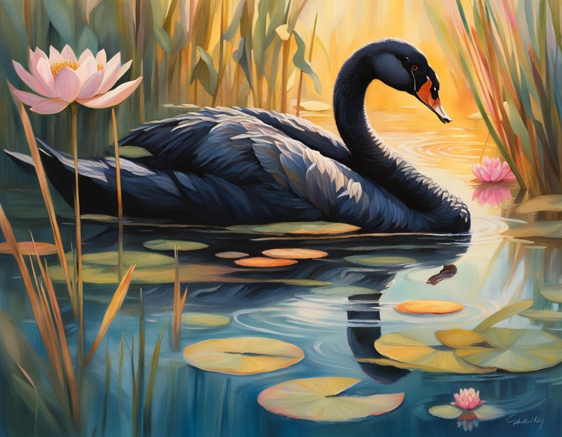 Black Swan Gliding Through Sunny Pond: Realistic Wildlife Il...