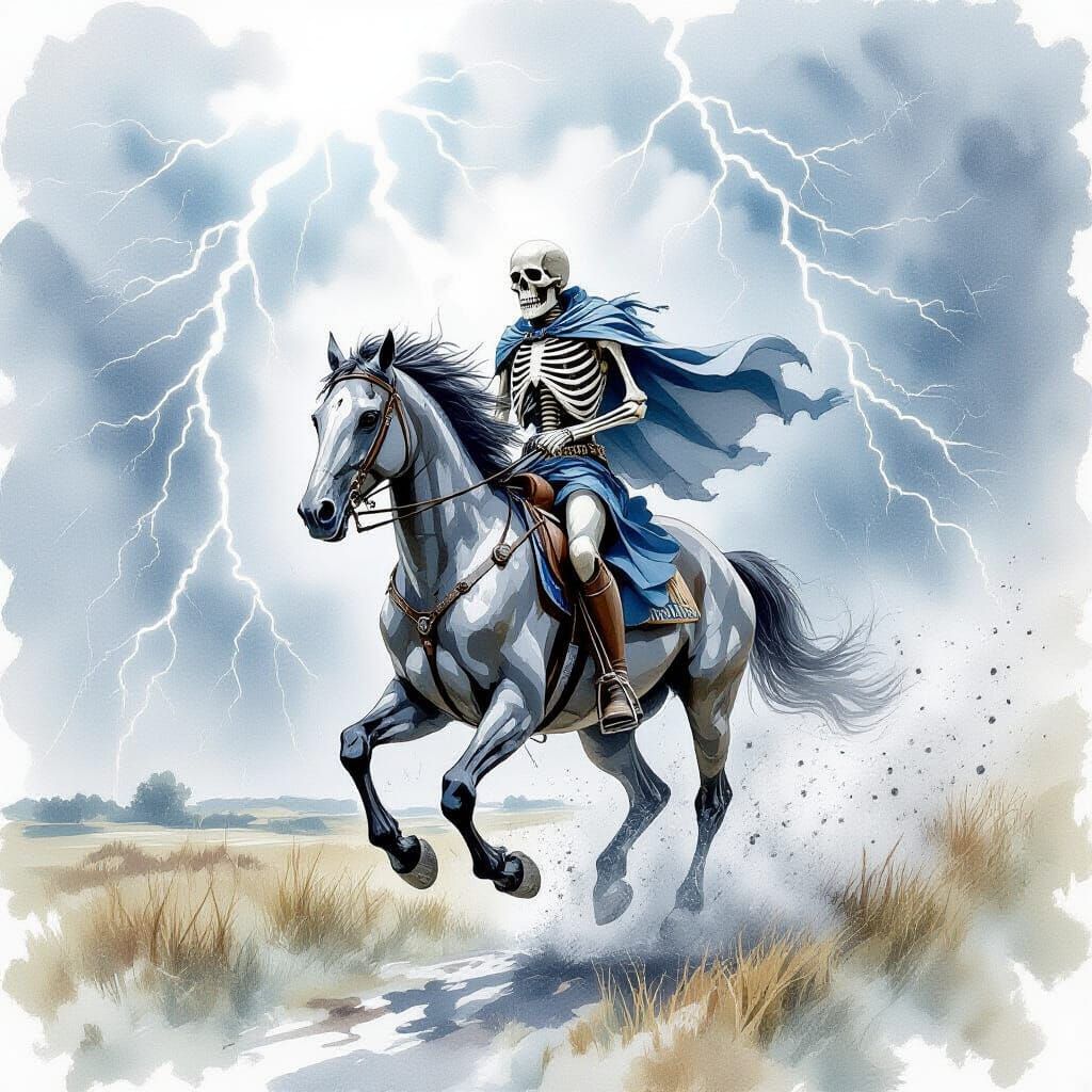 Skeletal Horseman Rides Through Storm in Pencil and Watercol...