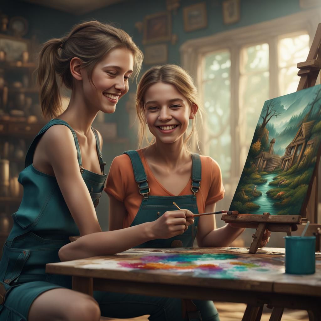 Girls Painting Together: Detailed Fantasy Art