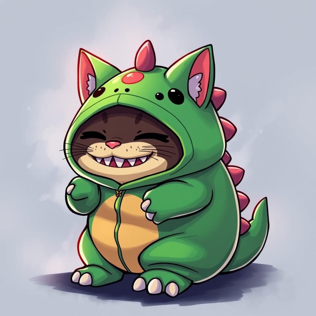 Chubby Cat in Vibrant Dinosaur Costume