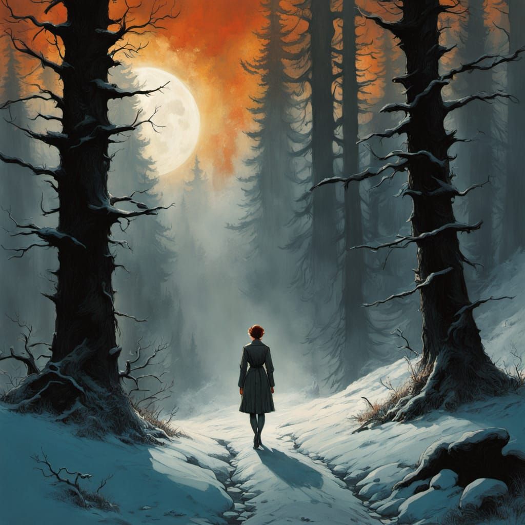 Woman Gazing at Raven in Misty Dark Fantasy Forest