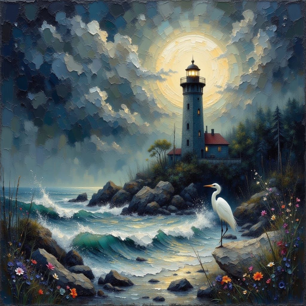 Lighthouse on Rocky Shore in Dramatic, Artistic Style