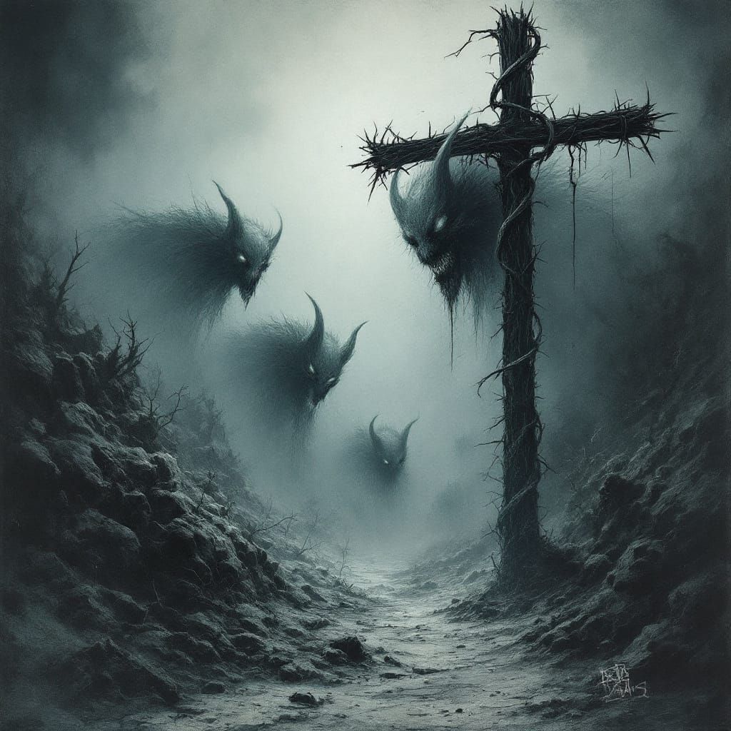 Abstract Horror Scene with Demonic Creatures and Satanic Sym...