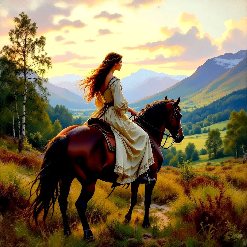 Medieval Woman Rides Horse Through Scottish Highlands